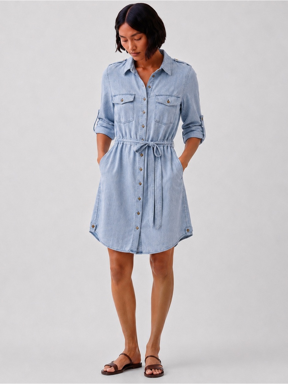 Gap Herringbone Denim Utility Shirt Dress Light Indigo Medium